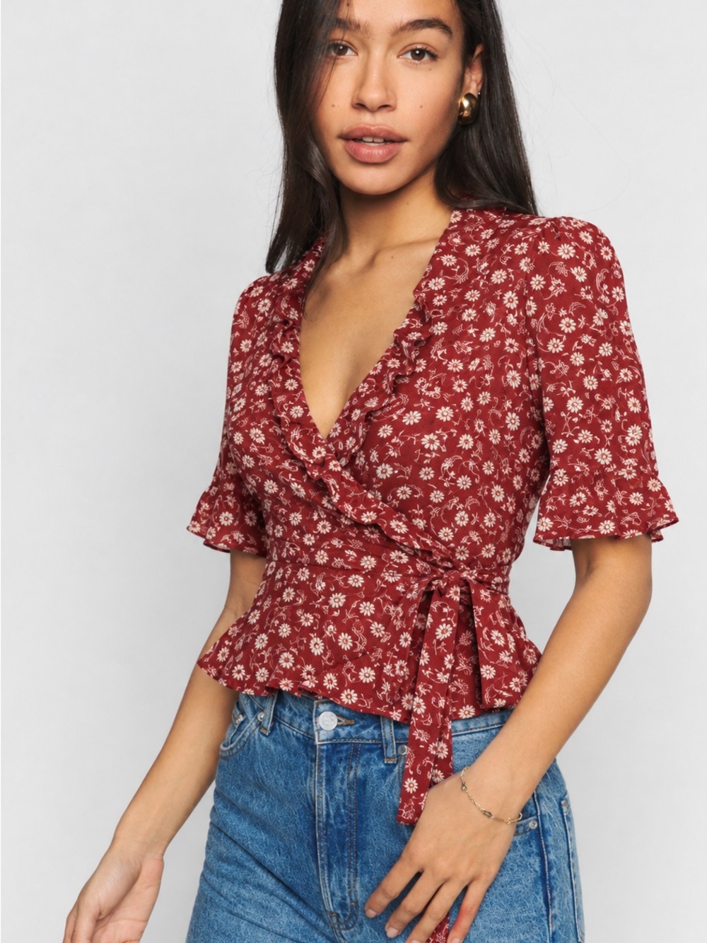 Reformation Red Floral Wrap Top